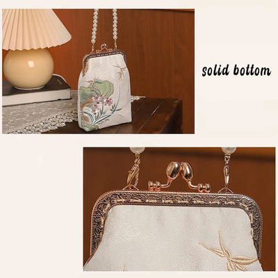 Buddha Stones Mountain Stone Orchid Pattern Pearl Chain Crossbody Bag Handbag Crossbody Bag&Handbags BS 3