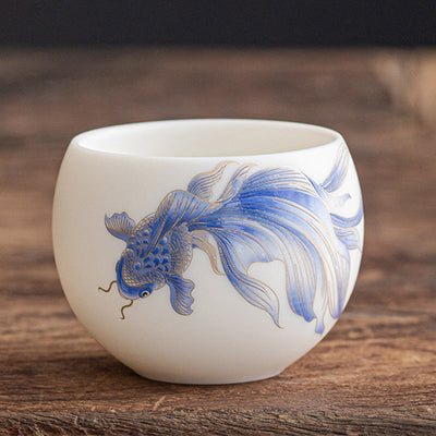 Buddha Stones Koi Fish White Porcelain Ceramic Teacup Kung Fu Tea Cup Cup BS Blue Koi Fish 7.6cm*5.7cm*150ml