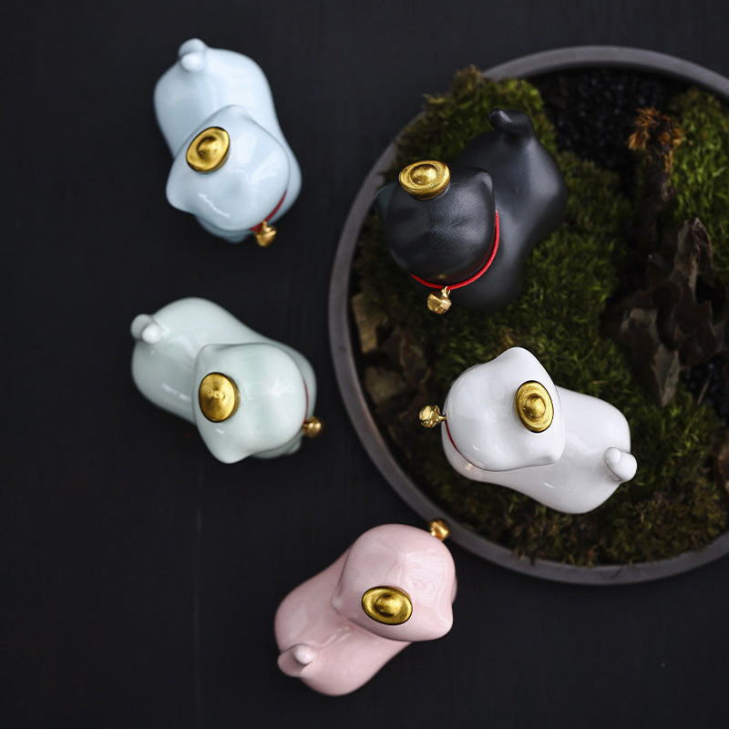 Buddha Stones Mini Lucky Cat Ingot Tea Pet Ceramic Home Desk Figurine Decoration Decorations BS 16