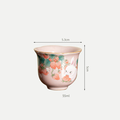 Buddha Stones Cute Strawberry Rabbit Flower Ceramic Teacup Kung Fu Tea Cup 55ml Cup BS 14
