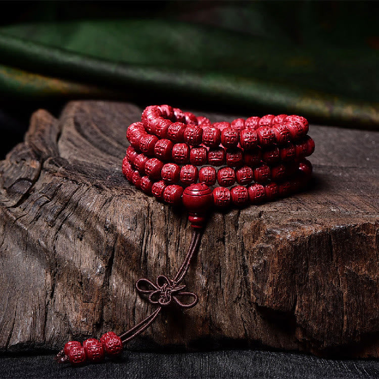 Buddha Stones 108 Mala Beads Cinnabar Om Mani Padme Hum Pattern Engraved Blessing Bracelet Mala Bracelet BS 13