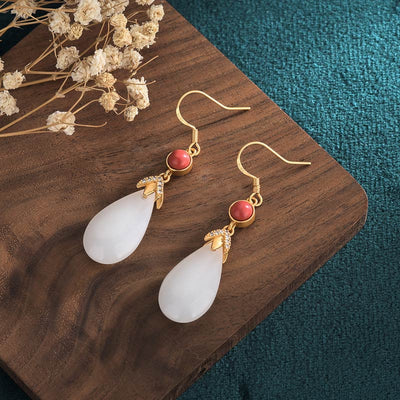 Buddha Stones FengShui White Jade Luck Drop Earrings Earrings BS 9