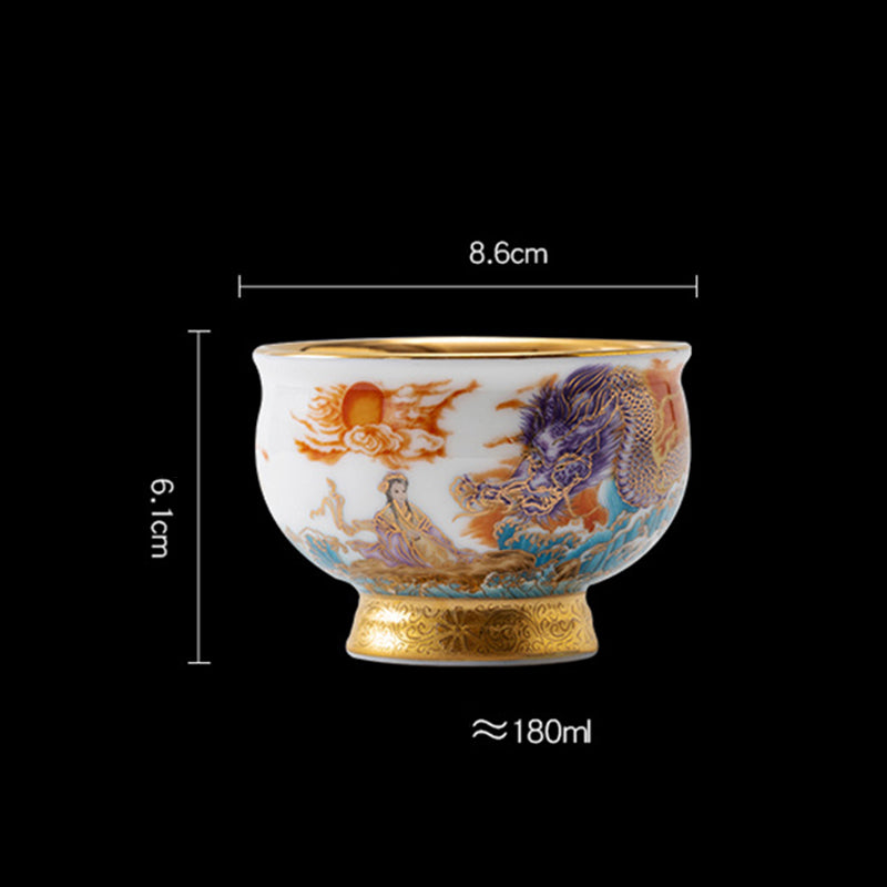 Buddha Stones Golden Eagle Auspicious Dragon Sun Ocean Waves Gilt Ceramic Teacup Kung Fu Tea Cup Cup BS 10