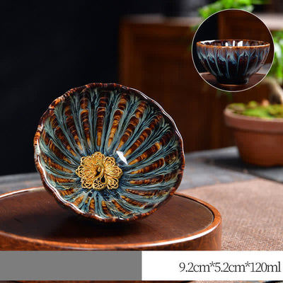 Buddha Stones Lotus Peacock Dragon Phoenix Koi Fish Ceramic Teacup Inlaid Tea Cups 120ml - Gold - Peacock - image 11
