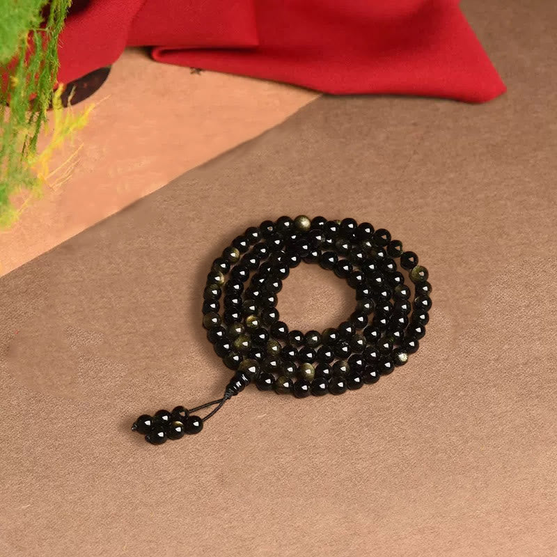 Buddha Stones 108 Mala Beads Natural Gold Sheen Obsidian Wealth Bracelet Mala Bracelet BS 8
