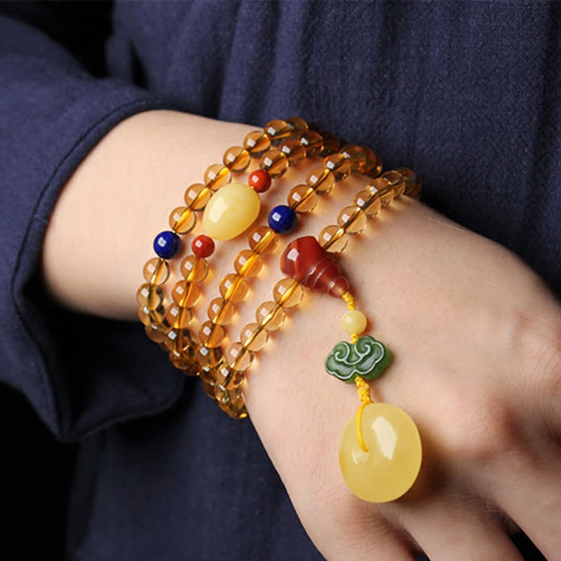 108 Mala Beads Natural Citrine Amber Peace Buckle Red Agate PiXiu Protection Charm Bracelet Mala Bracelet BS 2