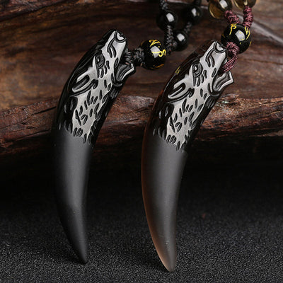 Buddha Stones Natural Ice Obsidian Wolf Tooth Pattern Courage Necklace Pendant - image 0