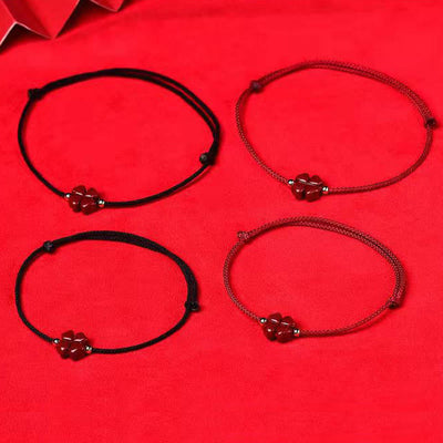 Buddha Stones Natural Cinnabar Four Leaf Clover Blessing Red String Bracelet Anklet Bracelet BS 6
