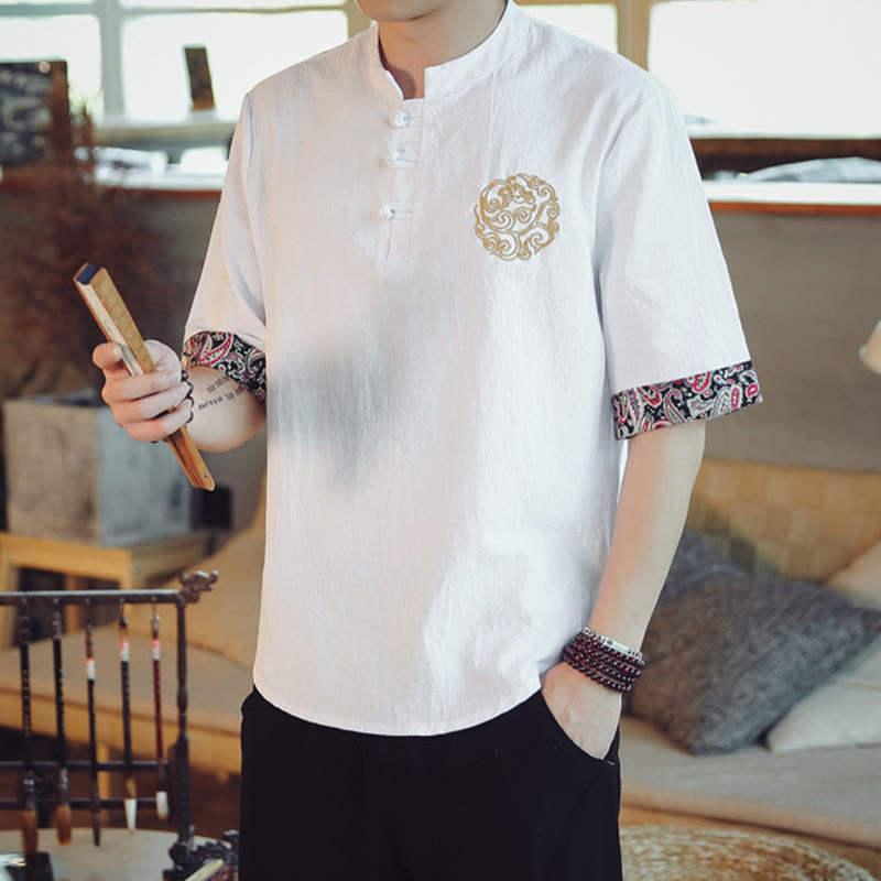 Buddha Stones Frog-Button Dragon Embroidery Chinese Tang Suit Short Sleeve Shirt Linen Men Clothing Men's Shirts BS 20