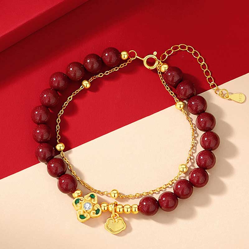 Buddha Stones 925 Sterling Silver Natural Cinnabar Four Leaf Clover Flower Blessing Chain Bracelet Bracelet BS 3