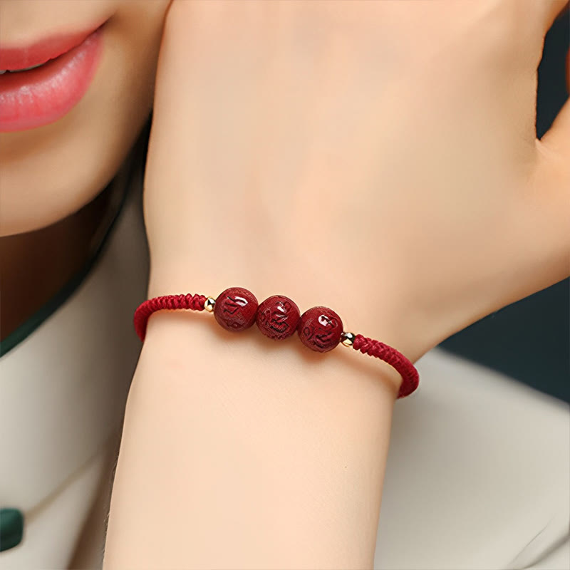 Buddha Stones Handmade Cinnabar Om Mani Padme Hum Engraved Beads Blessing Braided Bracelet Bracelet BS 2