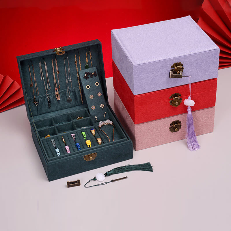 Buddha Stones Simple Design Jewelry Box Organizer Two-Layer Jewelry Storage Box Flannel Box With Lock - image 9