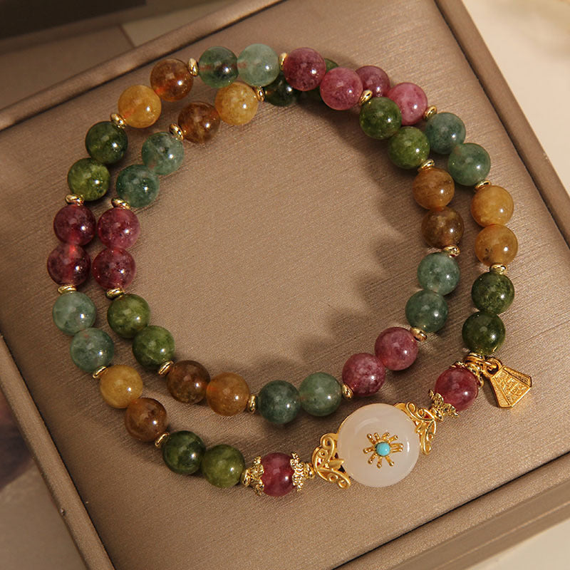Buddha Stones Natural Multicolored Tourmaline Positive Jade Flower Double Wrap Bracelet Bracelet BS 4