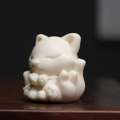 Buddha Stones Mini Nine-Tailed Fox Ivory Fruit Sandalwood Green Sandalwood Blessing Decoration Decorations BS 2