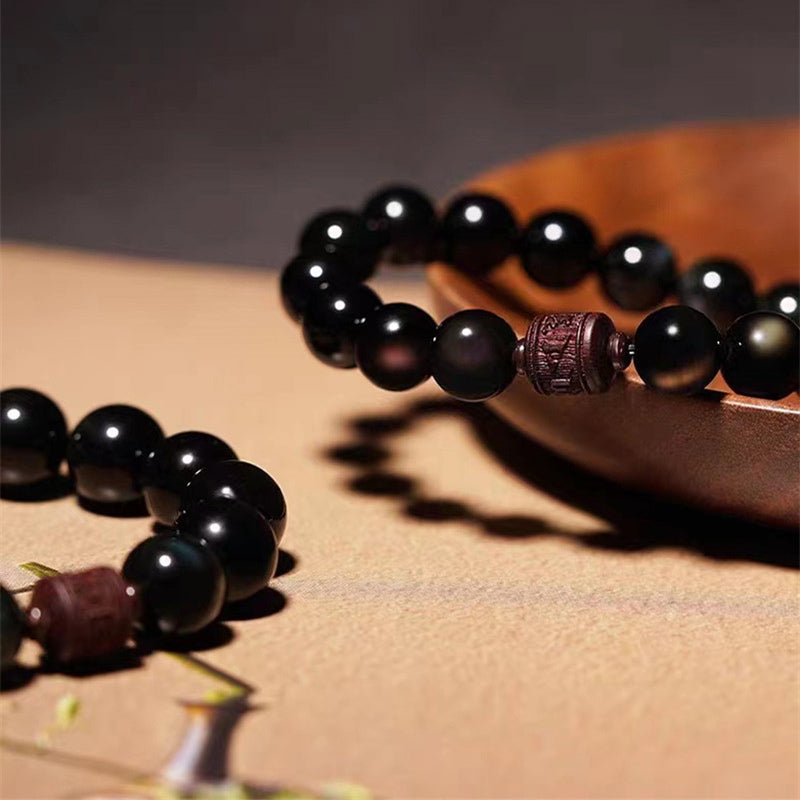 Buddha Stones Natural Gold Sheen Obsidian Rainbow Obsidian Om Mani Padme Hum Fu Character Healing Bracelet Bracelet BS 30