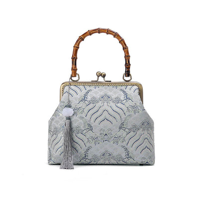 Buddha Stones Silver Lines Bamboo Handle Metal Chain Crossbody Bag Handbags Crossbody Bag&Handbags BS 7