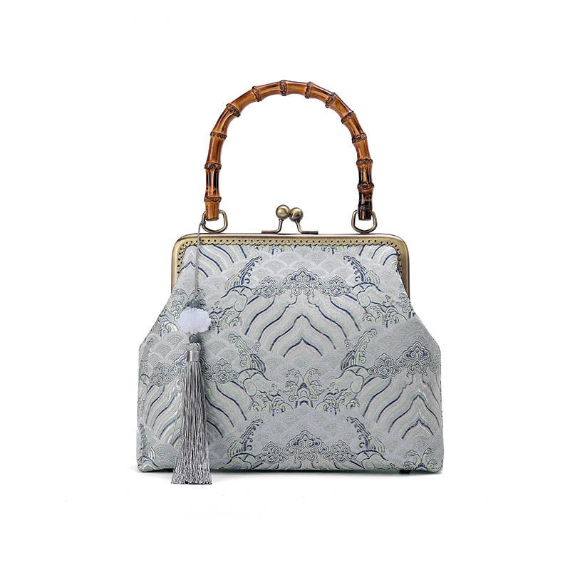 Buddha Stones Silver Lines Bamboo Handle Metal Chain Crossbody Bag Handbags Crossbody Bag&Handbags BS 7