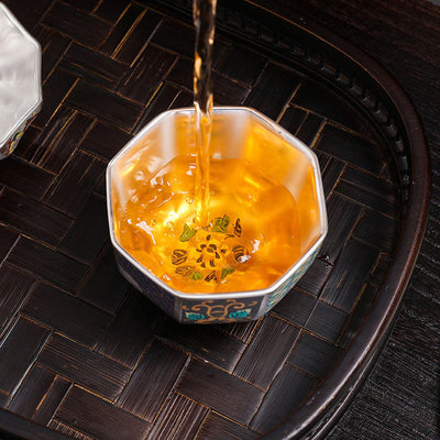 Buddha Stones 999 Sterling Silver Gilding Chrysanthemum Flowers Ceramic Teacup Kung Fu Tea Cup Cup BS 11