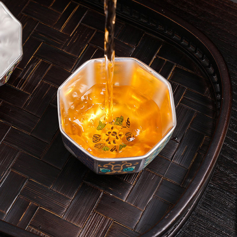 Buddha Stones 999 Sterling Silver Gilding Chrysanthemum Flowers Ceramic Teacup Kung Fu Tea Cup Cup BS 11