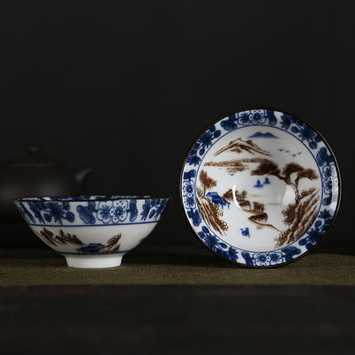 Buddha Stones Flowers Fu Character Mountains Lotus Cherry Blossoms Ceramic Teacup Kung Fu Tea Cup Cup BS Blue Mountain Pine Tree 8.5cm*4cm*90ml