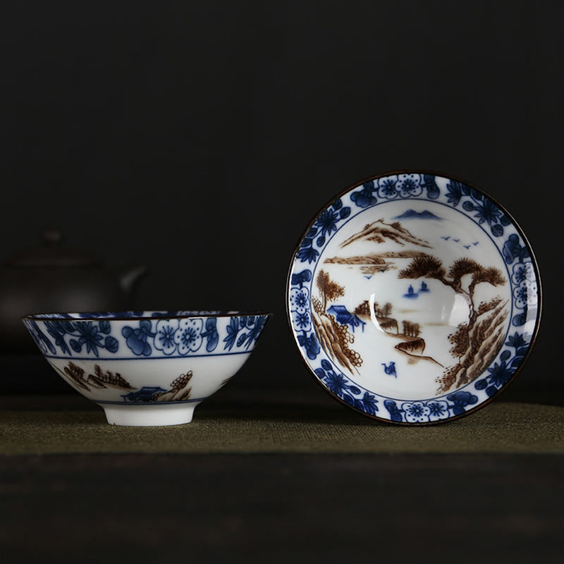 Buddha Stones Flowers Fu Character Mountains Lotus Cherry Blossoms Ceramic Teacup Kung Fu Tea Cup Cup BS Blue Mountain Pine Tree 8.5cm*4cm*90ml