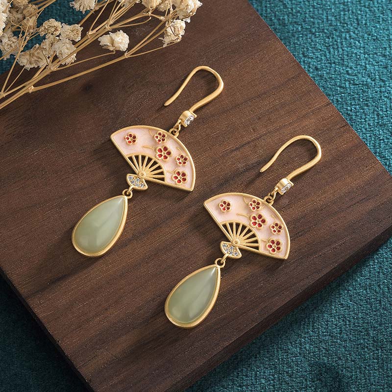 Buddha Stones Natural Green Aventurine Fan Pattern Luck Drop Earrings Earrings BS Flower