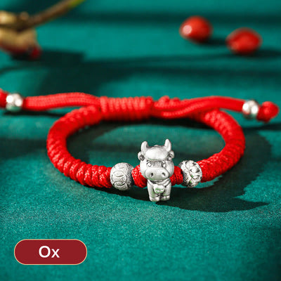 Buddha Stones 999 Sterling Silver Chinese Zodiac Red Rope Luck Handcrafted Kids Bracelet Bracelet BS Ox(Bracelet Size 12+4cm)