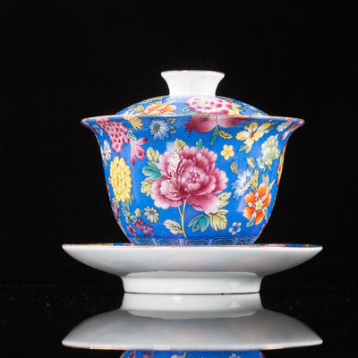 Buddha Stones Peony Flowers Ceramic Gaiwan Sancai Teacup Kung Fu Tea Cup And Saucer With Lid Cup BS Blue 9.5cm*9.3cm*160ml