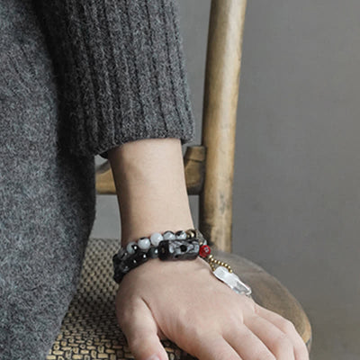 Buddha Stones Black Rutilated Quartz Ebony Wood White Crystal Success Couple Bracelet Bracelet BS 4