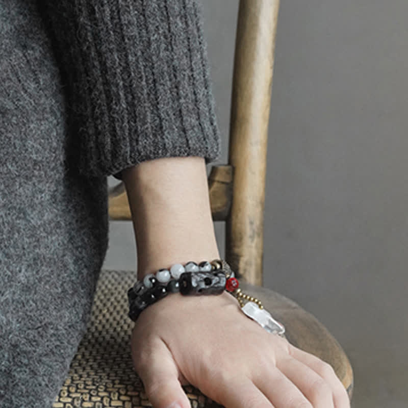 Buddha Stones Black Rutilated Quartz Ebony Wood White Crystal Success Couple Bracelet Bracelet BS 4