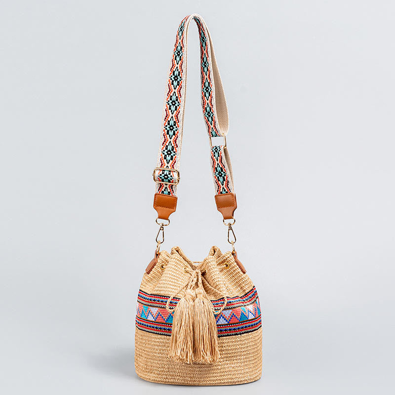 Buddha Stones Beach Geometry Straw Woven Bucket Tassels Crossbody Bag Shoulder Bag Crossbody Bag BS Khaki 22*19*22cm