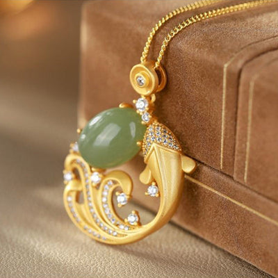 Buddhastoneshop Cyan Jade Koi Fish Healing Calm Necklace Pendant