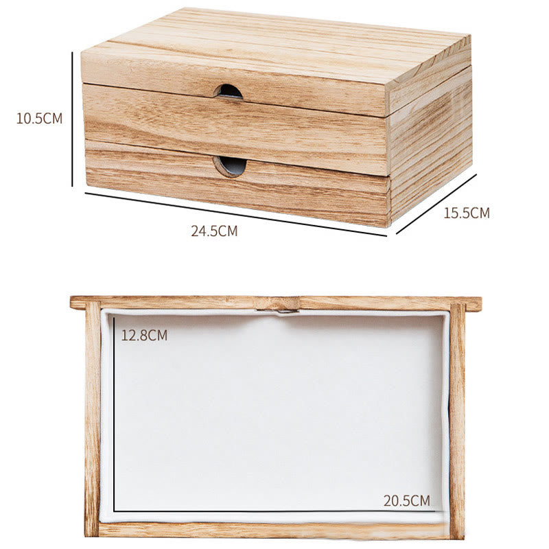 Buddha Stones Retro Beige Wooden Jewelry Box Two-Layer Jewelry Storage Box With Mirror - image 14