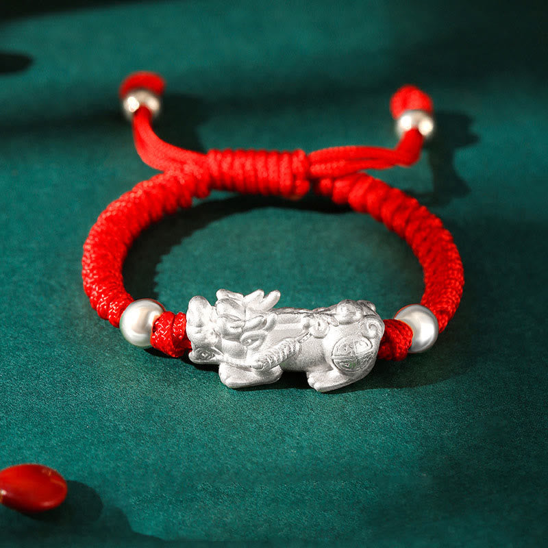Buddha Stones 999 Sterling Silver PiXiu Wealth King Kong Knot String Braided Kids Child Bracelet Bracelet BS 999 Sterling Silver PiXiu Red Rope(Bracelet Size 12+4cm)