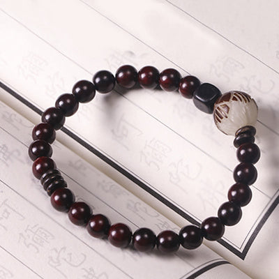 Bracelet double tour de protection Foviel en bois de santal rouge à petites feuilles et graines de Bodhi sculptées en forme de lotus