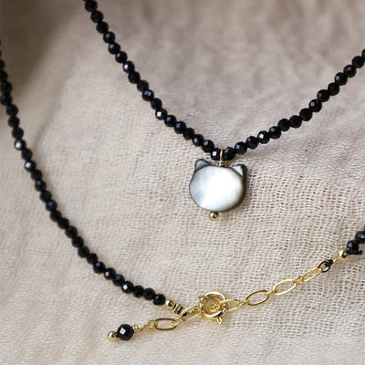 Buddha Stones Black Spinel Cute Cat Motivate Choker Necklace Bracelet Necklaces & Pendants BS 6