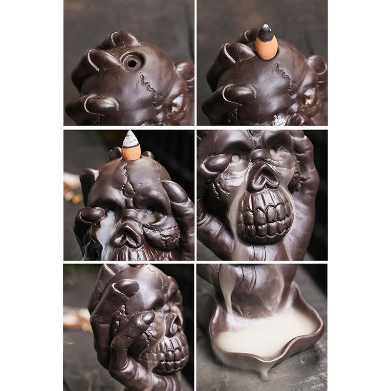 Buddha Stones Halloween Skull With Ghost Hand Purple Clay Spiritual Incense Burner Decoration Incense Burner BS 9