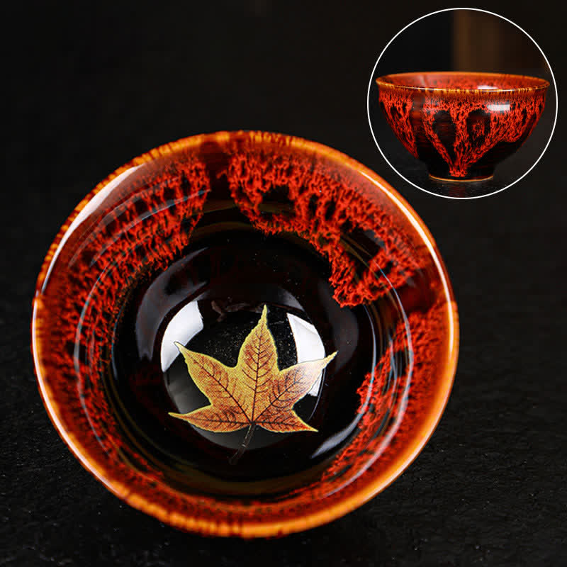 Buddha Stones Maple Leaf Colorful Ceramic Teacup Home Tea Cups Cup BS 8cm*4.5cm*90ml Red