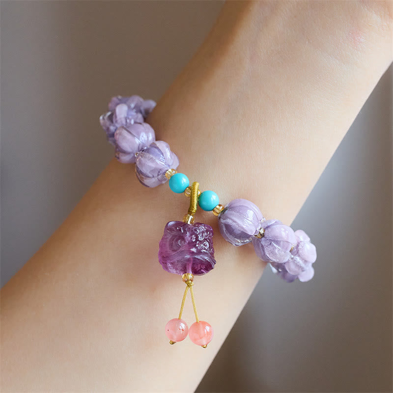 Buddha Stones Liuli Glass Bead Lotus Design Fluorite Ivory Fruit Dancing Lion Charm Enlightenment Bracelet Bracelet BS 2