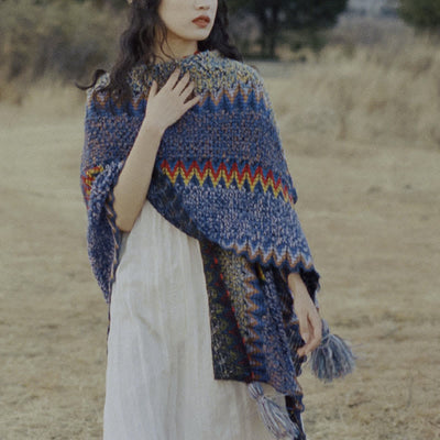 Buddha Stones Tibetan Shawl Soft Warm Knitting Cloak Winter Tibetan Tassel Scarf Tibetan Shawl BS 11