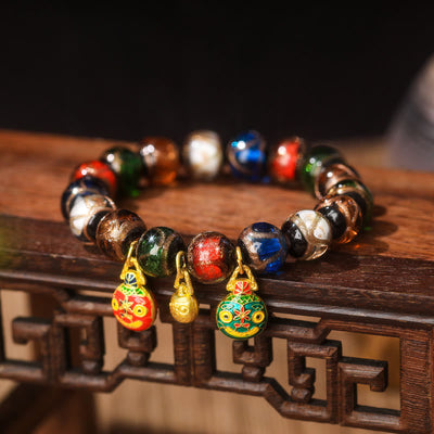 Buddha Stones Five Elements Gold Swallowing Beast Family Charm Liuli Glass Bead Luck Bracelet Bracelet BS Liuli Glass Bead&Big Red Green Gold Swallowing Beast Family 14mm(15 Beads)