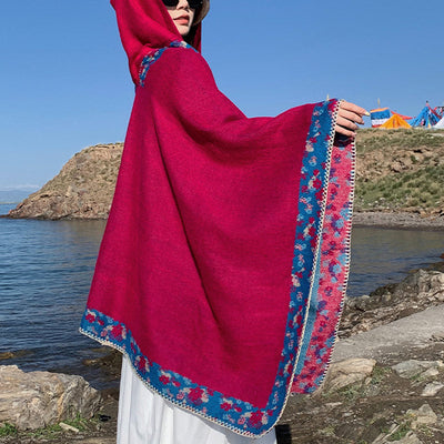 Buddha Stones Tibetan Shawl Border Small Floral Flower Hooded Cloak Winter Cozy Travel Scarf Wrap Tibetan Shawl BS 22