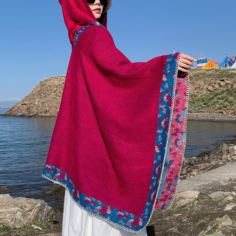 Buddha Stones Tibetan Shawl Border Small Floral Flower Hooded Cloak Winter Cozy Travel Scarf Wrap Tibetan Shawl BS 22