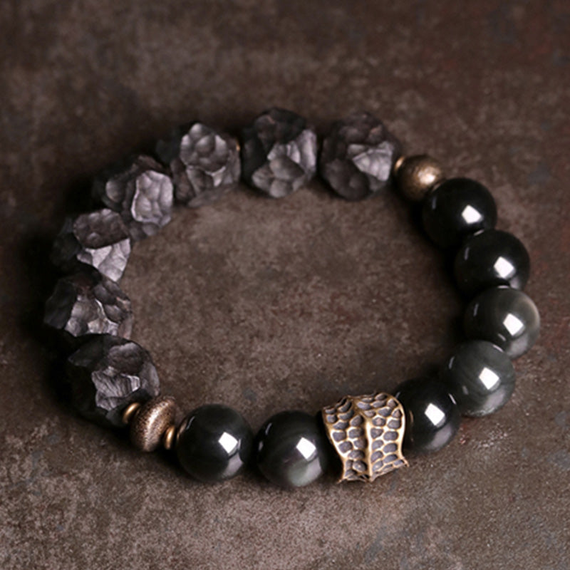 Buddha Stones Black Obsidian Ebony Wood Copper Strength Couple Bracelet - image 1