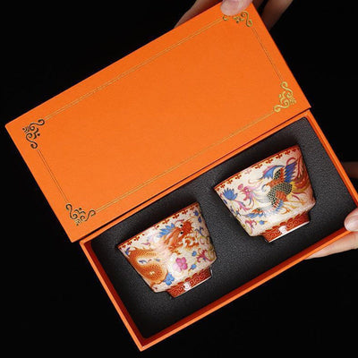 Buddha Stones 2Pcs Dragon Phoenix Ceramic Teacup Kung Fu Tea Cups Cup BS 8