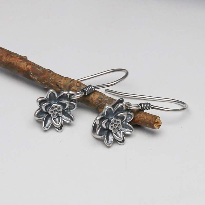 Buddha Stones 925 Sterling Silver Lotus Flower Enlightenment Earrings Earrings BS 4