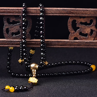 Buddha Stones 108 Beads Natural Black Obsidian Lotus Fulfilment Mala Bracelet Bracelet Mala BS 4