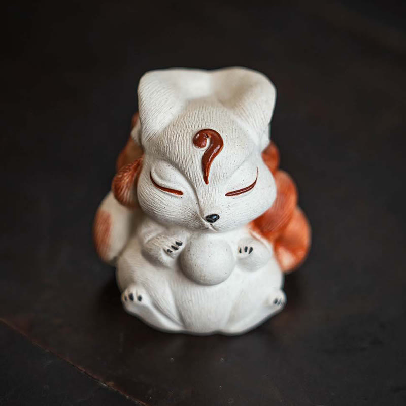 Buddha Stones Mini Nine-Tailed Fox Purple Clay Luck Desk Decoration Decorations BS 5