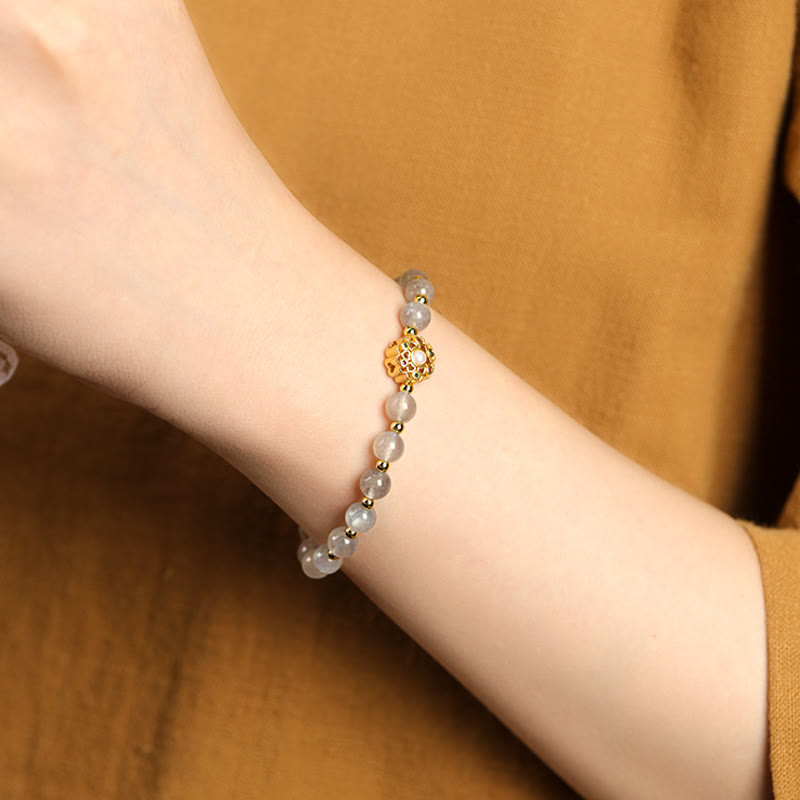 Buddha Stones 14K Gold Plated Natural Strawberry Quartz Labradorite Sun Stone Fu Character Positive Charm Bracelet Bracelet BS 8