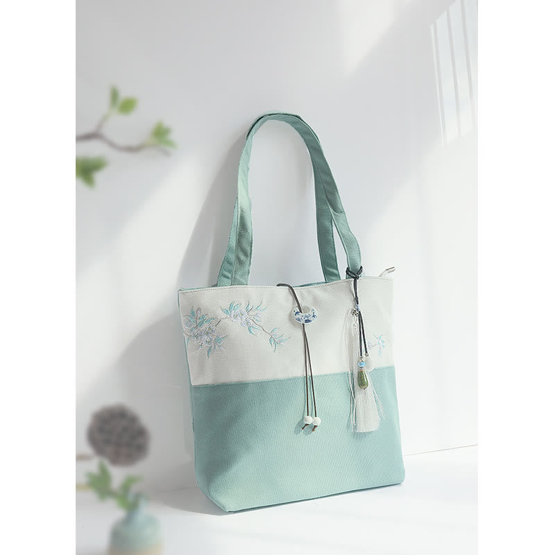 Buddha Stones Pear Flower Plum Peach Blossom Bamboo Embroidery Canvas Large Capacity Shoulder Bag Tote Bag - image 4
